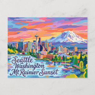 Seattle Washington Mt Rainier Sunset Postcard