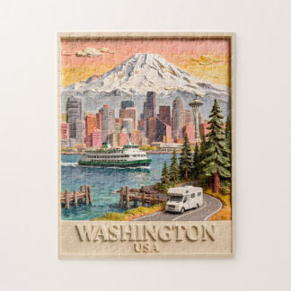 Seattle Washington Road Trip Textured City Skyline Jigsaw Puzzle