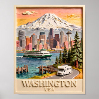 Seattle Washington Road Trip Textured City Skyline Poster