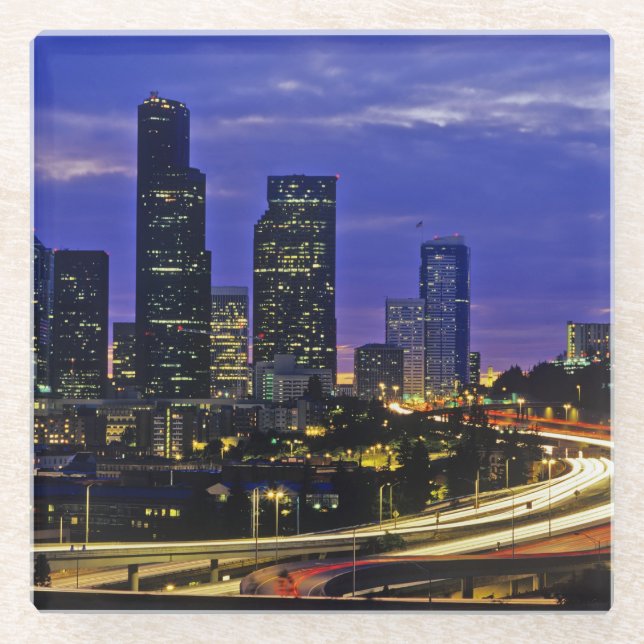 Seattle, Washington skyline at night Glass Coaster (Front)
