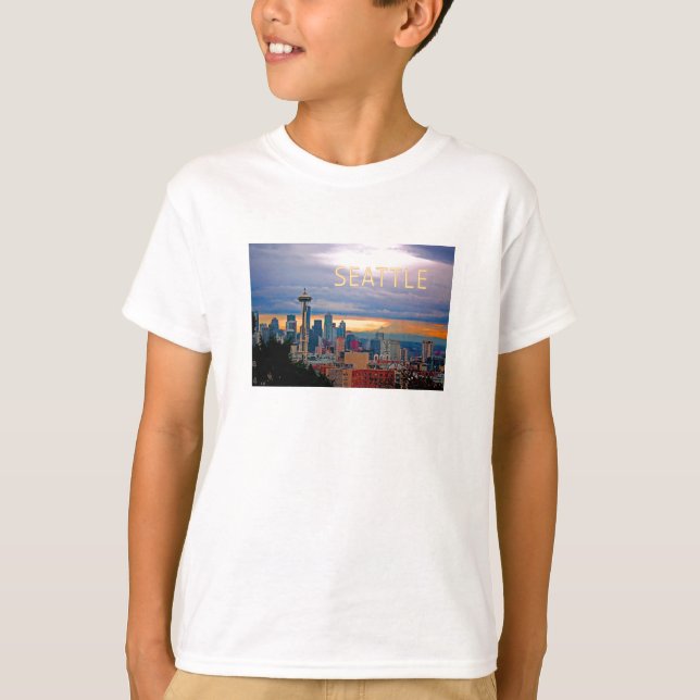 Seattle Washington Skyline at Sunset TEXT SEATTLE T-Shirt (Front)