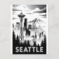 Seattle Washington Skyline Black White Woodcut