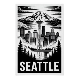 Seattle Washington Skyline Black White Woodcut Poster