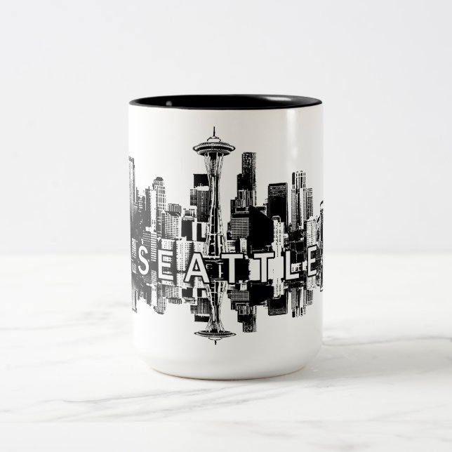 Seattle, Washington skyline in black ink Two-Tone Coffee Mug (Center)