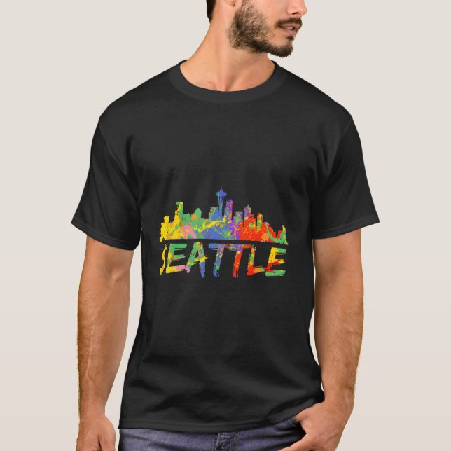 Seattle Washington Skyline Paint Splash T-Shirt (Front)