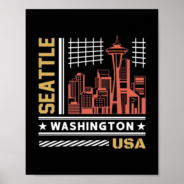 Seattle Washington Skyline Retro Urban Design Poster (Front)
