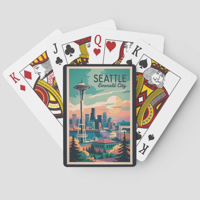 Seattle Washington Skyline Travel Art Vintage Playing Cards (Back)