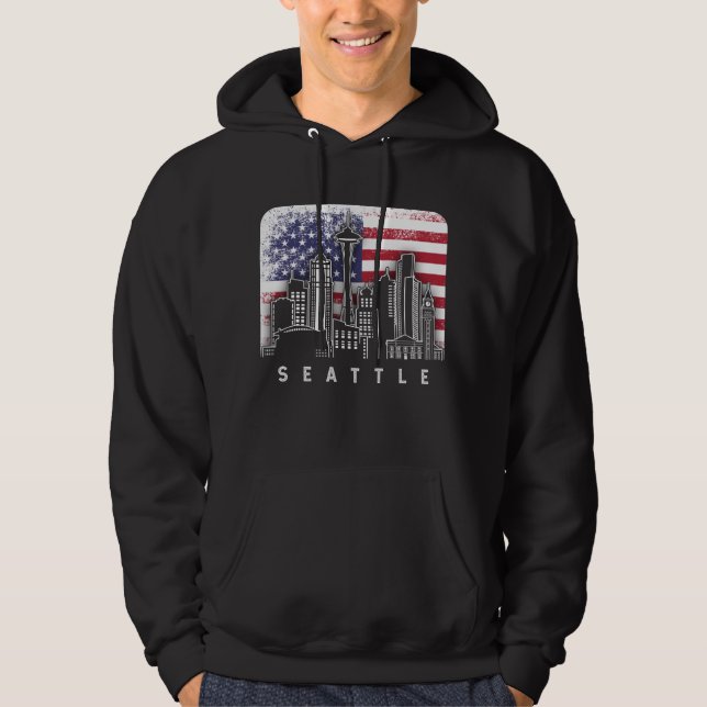 Seattle Washington Skyline Vintage American Flag Hoodie (Front)
