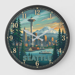 Seattle Washington Space Needle and Mount Rainier Large Clock