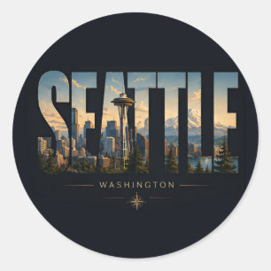 Seattle Washington Space Needle Mountain Skyline Classic Round Sticker