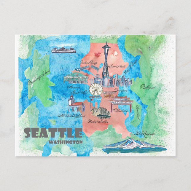 Seattle Washington Travel Map Postcard (Front)