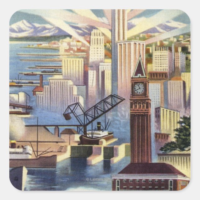 Seattle, Washington - View of Downtown Square Sticker (Front)
