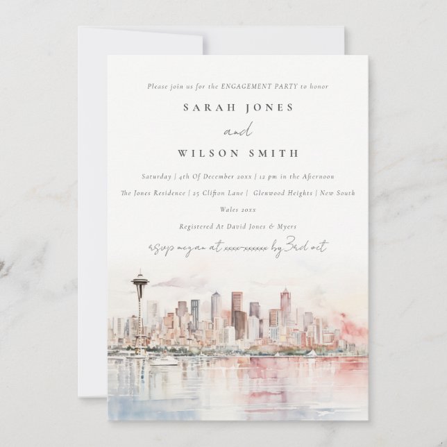 Seattle Washington Watercolor Landscape Engagement Invitation (Front)