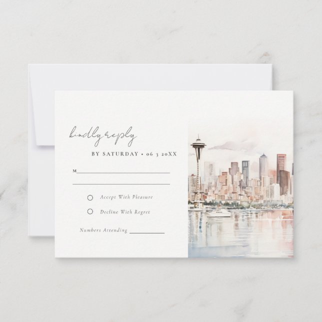 Seattle Washington Watercolor Landscape Wedding RSVP Card (Front)
