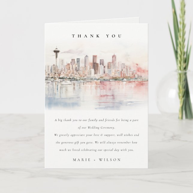 Seattle, Washington Watercolor Landscape Wedding Thank You Card (Front)