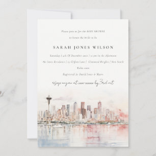 Seattle Washington Watercolor Scape Baby Shower Invitation