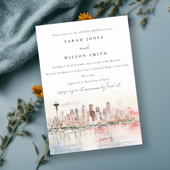 Seattle Washington Watercolor Scape Couples Shower Invitation (Creator Uploaded)