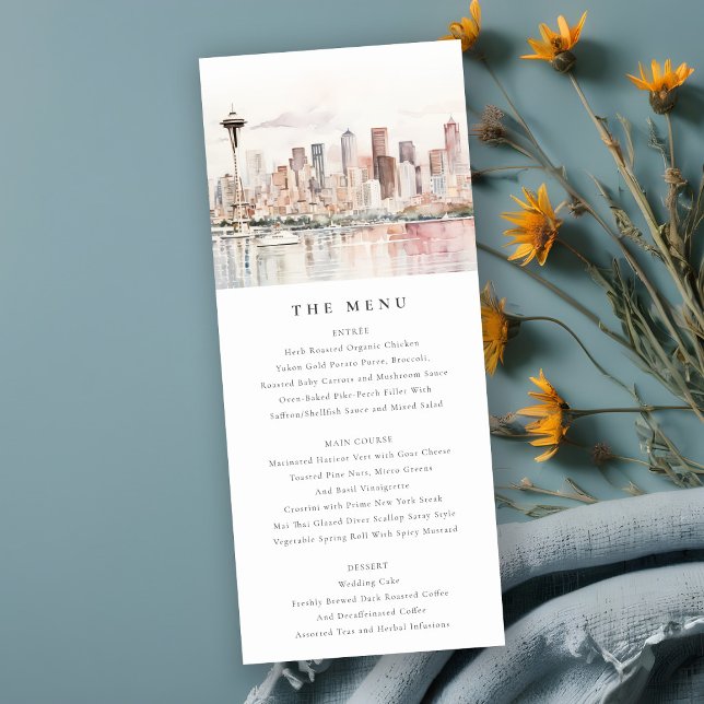 Seattle Washington Watercolor Scape Wedding Menu Invitation (Creator Uploaded)