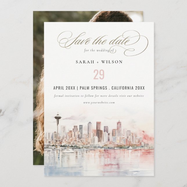 Seattle Washington Watercolor Scape Wedding Photo Save The Date (Front/Back)