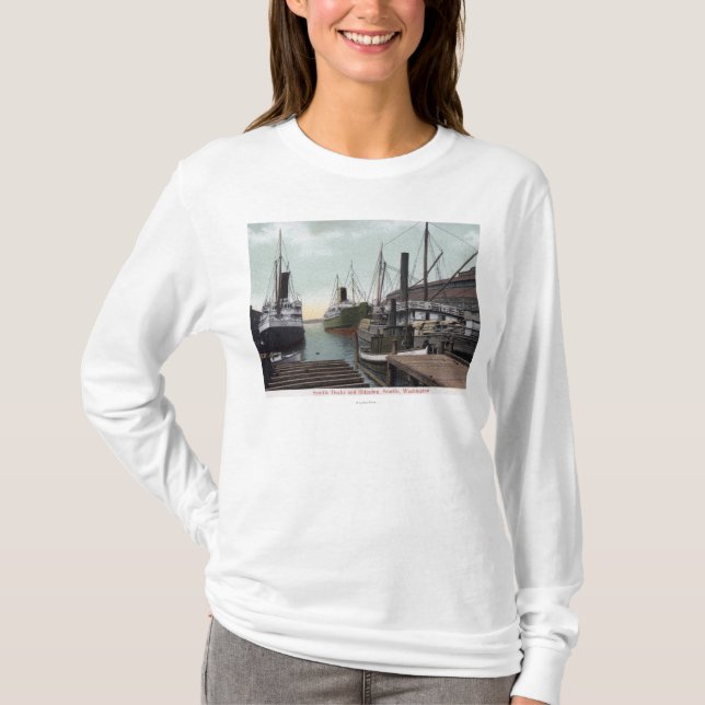 Seattle, WashingtonView of the Dock and Ships T-Shirt (Front)