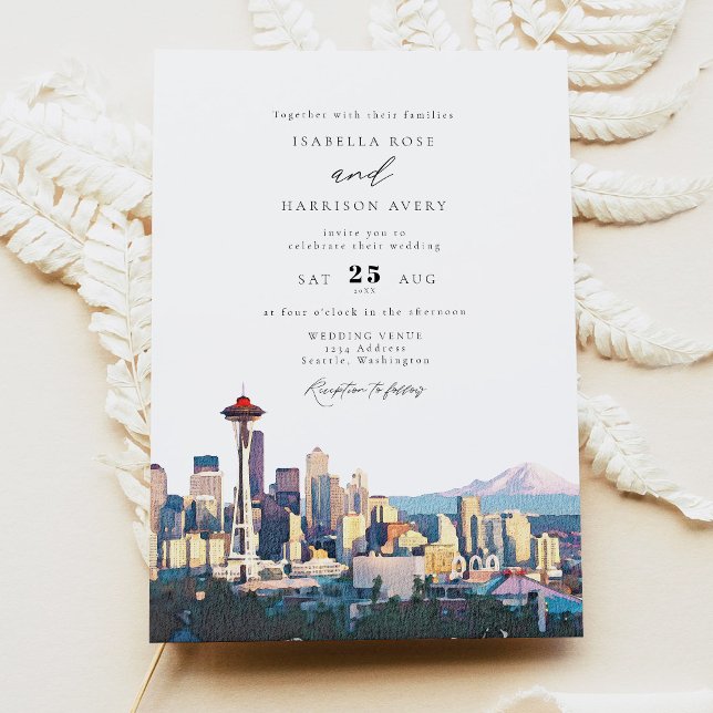 SEATTLE Watercolor Skyline Destination Wedding Invitation (Creator Uploaded)