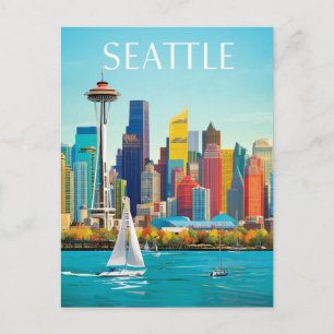 Seattle Waterfront & Space Needle Retro Art Postcard