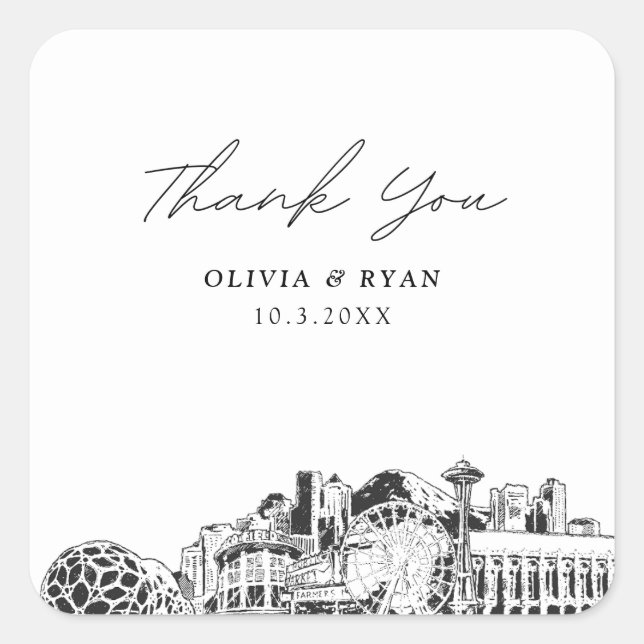 Seattle Wedding Landmarks Favour Thank You Square Sticker (Front)