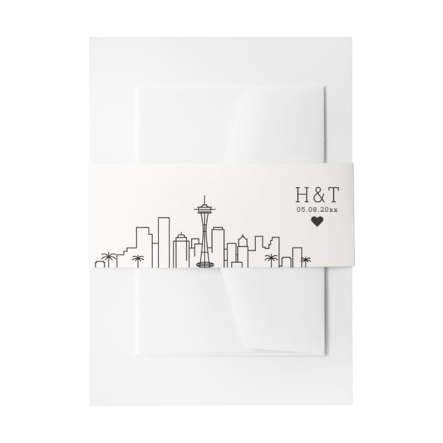 Seattle Wedding | Stylised Skyline Monogram Invitation Belly Band (Front Example)
