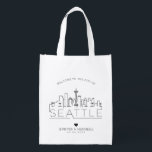 Seattle Wedding | Stylised Skyline Reusable Grocery Bag<br><div class="desc">A unique wedding bag for a wedding taking place in the beautiful city of Seattle.  This bag features a stylised illustration of the city's unique skyline with its name underneath.  This is followed by your wedding day information in a matching open lined style.</div>