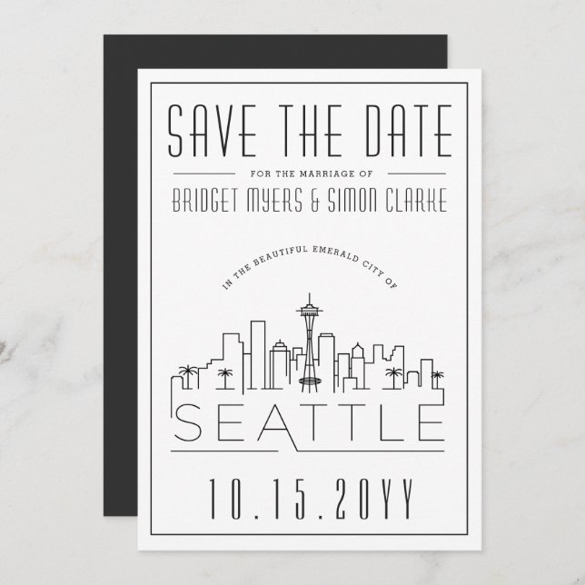 Seattle Wedding | Stylised Skyline Save the Date Invitation (Front/Back)