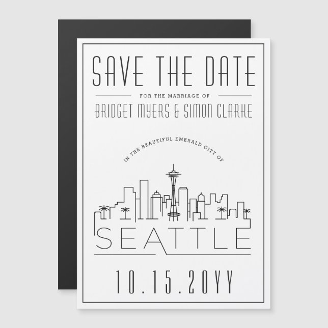 Seattle Wedding | Stylised Skyline Save the Date Magnetic Invitation (Front/Back)
