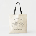 Seattle Wedding | Stylised Skyline Tote Bag<br><div class="desc">A unique wedding tote bag for a wedding taking place in the beautiful emerald city of Seattle.  This tote features a stylised illustration of the city's unique skyline with its name underneath.  This is followed by your wedding day information in a matching open lined style.</div>