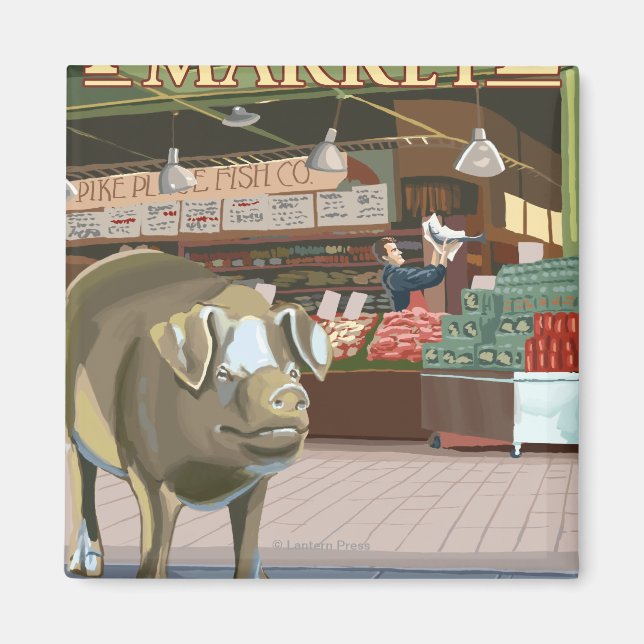 SeattleFish Toss and Bronze Pig at Pike Place Magnet (Front)