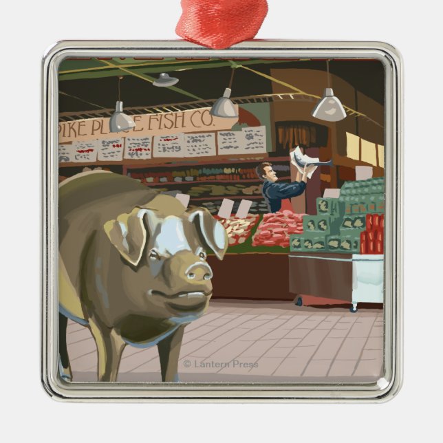 SeattleFish Toss and Bronze Pig at Pike Place Metal Tree Decoration (Front)