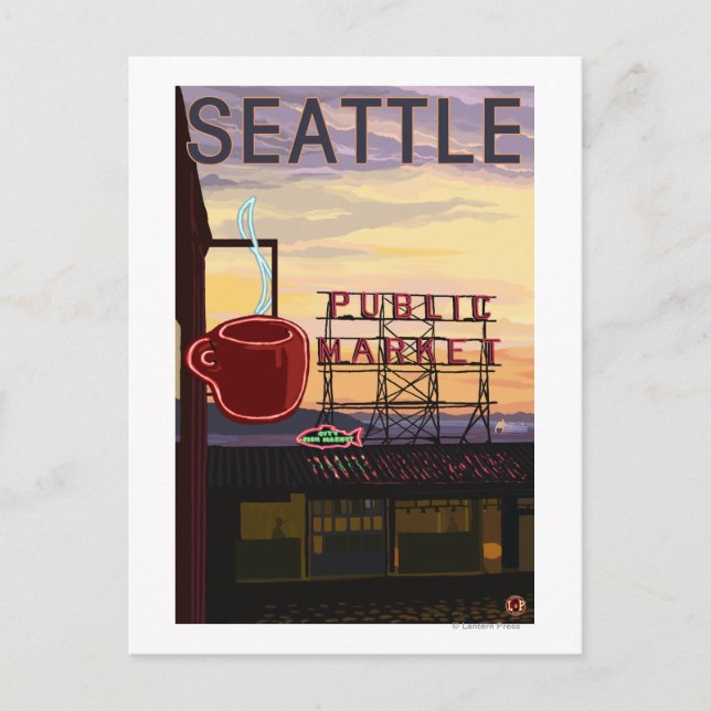 SeattlePike Place Market Sign and Water View Postcard (Front)