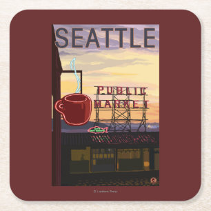 SeattlePike Place Market Sign and Water View Square Paper Coaster