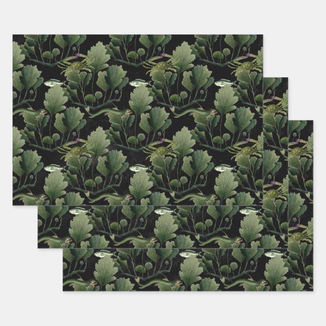 Seaweed and Fish on Black Wrapping Paper Sheet (Set)