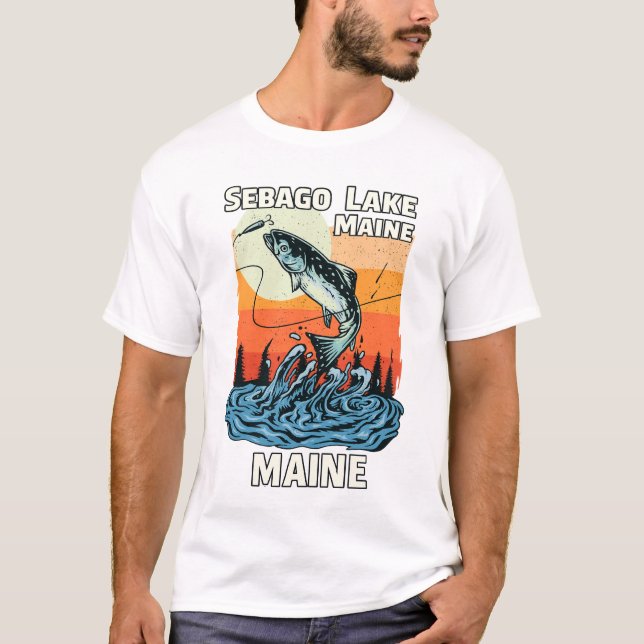 Sebago Lake Maine Fishing Vintage Sunset T-Shirt (Front)
