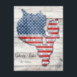 Sebago Lake Maine Map Postcard<br><div class="desc">Show your Sebago Lake,  Maine and USA pride!  This postcard displays a map of Sebago Lake,  Maine which is filled with red,  white and blue American flag graphics.  Personalise this with your name and/or address.  Send a postcard from your lake house or camp telling everyone about this beautiful place!!</div>