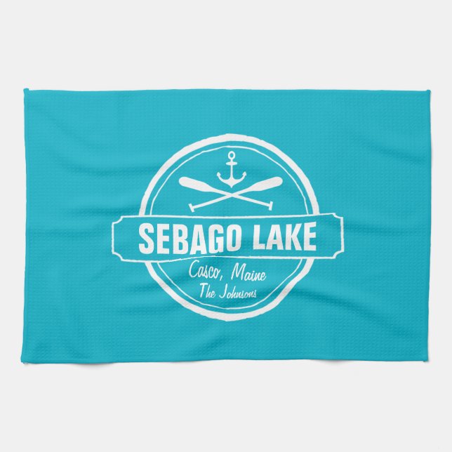 SEBAGO LAKE MAINE PERSONALIZED TOWN AND NAME TEA TOWEL (Horizontal)