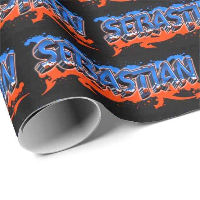 Sebastian First Name Name Graffiti blue orange Wrapping Paper (Roll Corner)