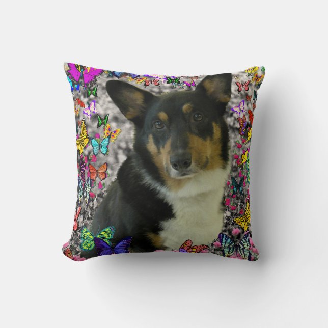 Sebastian the Welsh Corgi in Butterflies Cushion (Front)