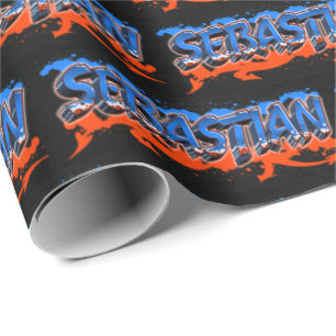 Sebastian Vorname Name Graffiti blue orange Wrapping Paper
