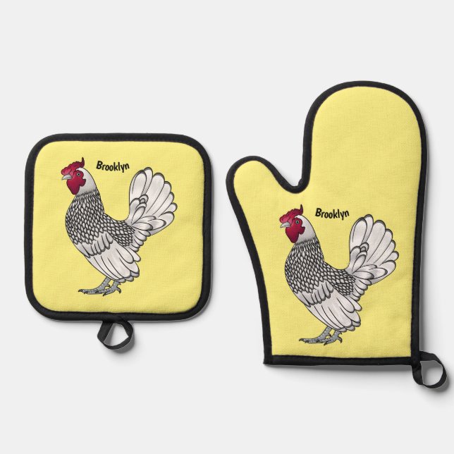 Sebright chicken cartoon illustration  oven mitt & pot holder set (Front)