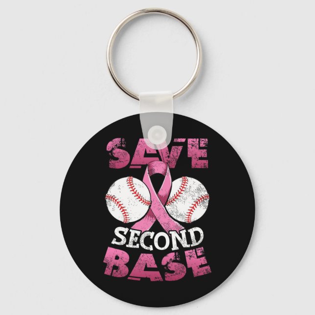Second 2nd Base Fun Baseball Breast Cancer Awarene Key Ring (Front)
