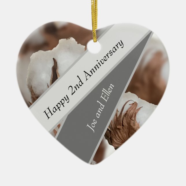 Second Anniversary with Cotton plant Heart Shaped Ceramic Tree Decoration (Front)