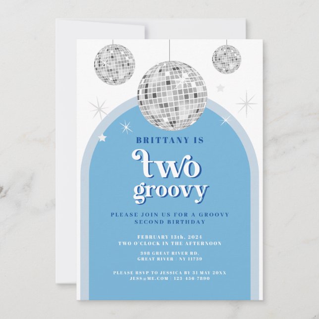 Second Birthday Blue Navy Retro Disco arch  Invitation (Front)