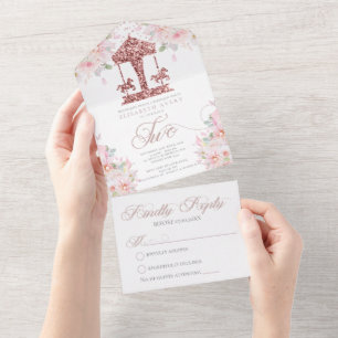 Second Birthday Carousel Floral Glitter  All In One Invitation