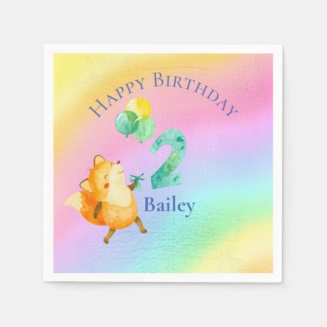Second Birthday Custom Name Rainbow Balloons  Napkin (Front)