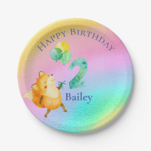 Second Birthday Custom Name Rainbow Balloons Paper Plate